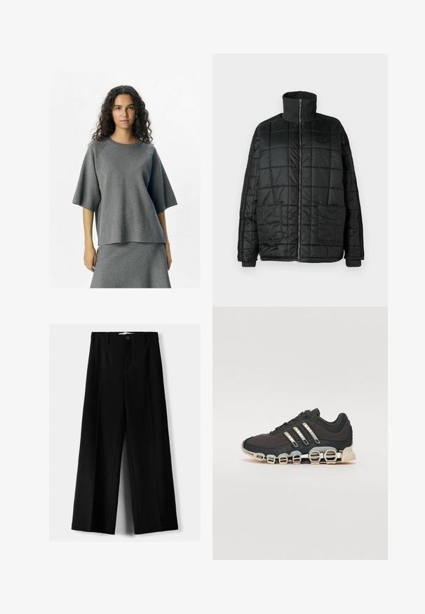 Giacca nera imbottita con collo alto, zip frontale, due ampie tasche e design trapuntato. Presenta polsini e colletto a coste per una maggiore calda.; Top grigio a maglia con una vestibilità comoda, maniche raglan e scollo rotondo. Il materiale ha una texture morbida ed è abbinato a un pantalone coordinato.; Pantaloni neri a gamba larga realizzati in tessuto leggero, caratterizzati da una chiusura frontale con bottone e frontale piatto, con orli cuciti con precisione.; Scarpa da ginnastica nera con tomaia testurizzata, tre strisce argentate e una suola ammortizzata distintiva con più sezioni integrate.