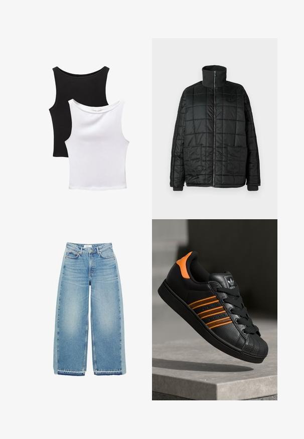 Čierna prešívaná bunda s vysokým golierom, predným zipsom, dvoma veľkými vreckami a prešívaným dizajnom. Obsahuje rebrované manžety a golier pre dodatočné teplo.; Dve bezrukávové topy v čiernej a bielej farbe, vyrobené z bavlny. Majú okrúhle výstrihy a priliehavý strih s hladkou textúrou.; Svetlomodré rifle s širokými nohavicami vyrobené z denimu, s vysokým pásom, gombíkovým zapínaním, prednými vreckami a surovým zakončením.; Čierne tenisky s oranžovými akcentami, tromi horizontálnymi pruhmi, textúrovaným koženým zvrškom, gumovým ochranným vankúšikom na prstoch a čiernymi šnúrkami.
