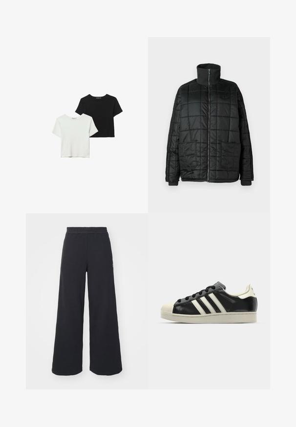 Czarna ocieplana kurtka z wysokim kołnierzem, zamek z przodu, dwie duże kieszenie i pikowane wykończenie. Posiada prążkowane mankiety i kołnierz dla dodatkowego ciepła.; Dwie koszulki z krótkim rękawem, jedna czarna, a druga biała, wykonane z miękkiej bawełny. Obie mają okrągły dekolt i luźny krój.; Czarne szerokie spodnie dresowe wykonane z miękkiego materiału, z elastycznym paskiem w talii oraz małym logo po lewej stronie.; Czarne skórzane trampki z białymi paskami, gumowym czubkiem, czarnymi sznurówkami i kremową podeszwą. Gładka faktura z połyskującym wykończeniem.