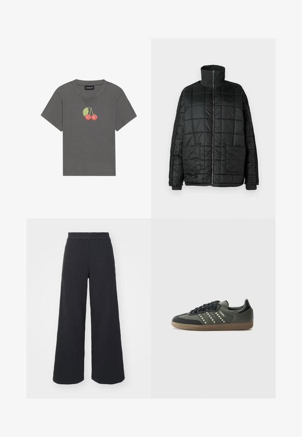 Musta pehmustettu takki korkealla kauluksella, etuvetoketjulla, kahdella suurilla taskulla ja tikatuilla yksityiskohdilla. Varustettu ribbikudotuin hihansuin ja kauluksin lisälämpöä varten.; Harmaa ribbattu T-paita lyhyillä hihoilla, jossa on pieni kirsikkagrafiikka lehtien kanssa brodeerattuna rintaan.; Mustat leveät collegehousut, jotka on valmistettu pehmeästä kankaasta. Niissä on elastinen vyötärö ja pieni logo vasemmalla puolella.; adidas Originals SAMBA OG - Matalavartiset tennarit - core black/legend earth/gum