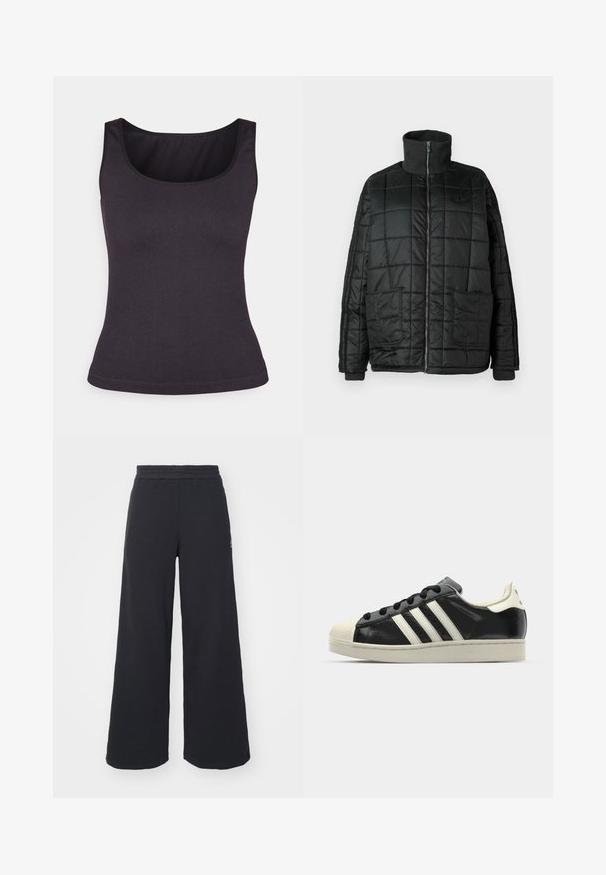 Must-valge puhvis jakk kõrge kaelusega, esiosal tõmblukk, kaks suurt taskut ja tikandiga disain. Omab ribatud mansette ja kaelust, et pakkuda rohkem soojust.; Tumed hall ribagaussiga tank top, millel on ümmargune kaelus ja õhukesed rihmad, siluett on lähedalt istuv ja tekstuur sile.; Mustad laiad spordipüksid, mis on valmistatud pehmest kangast, elastse vöökohtaga ja väikese logoga vasakul küljel.; Must have nahkased mustad tossud valgete triipudega, kummist varbakattega, mustade paeltega ja kreemika värvusega tallaga. Sile tekstuur ja läikiv viimistlus.