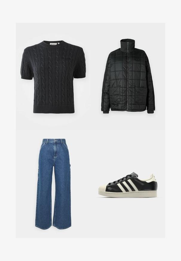 Jachetă neagră căptușită cu guler înalt, fermoar frontal, două buzunare mari și design matlasat. Prezintă manșete și guler ribbate pentru un plus de căldură.; Pulover tricotat negru cu mânecă scurtă, având un model cu torsade, guler rotund cu banda elastică și un logo subtil brodat pe piept.; Pantaloni din denim albastru cu talie înaltă și picioare largi, cu o cusătură contrastantă și buzunare laterale, având un design clasic cu cinci buzunare și margini brut.; Sneaker din piele neagră cu dungi albe, vârf din cauciuc, șireturi negre și talpă de culoare crem. Textură netedă cu finisaj strălucitor.