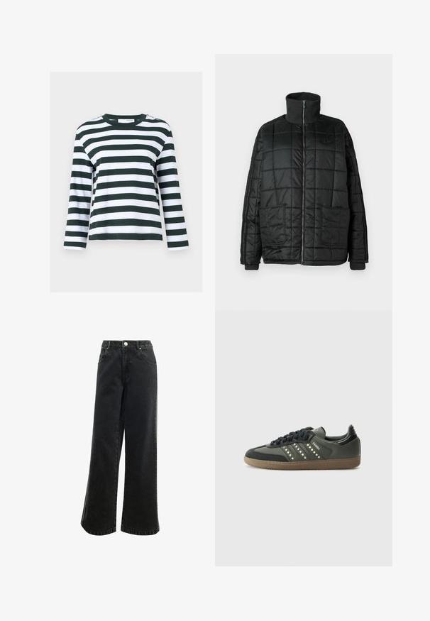 Black padded jacket with a high collar, front zip, two large pockets, and quilted design. Features ribbed cuffs and neck for added warmth.; Long-sleeve top with green and white horizontal stripes. Made from soft cotton, features a crew neckline and a relaxed fit.; High-waisted, wide-leg black denim pants with a button closure, five pockets, and a small logo embroidered on the front. Textured fabric.; adidas Originals SAMBA OG - Trainers - core black/legend earth/gum