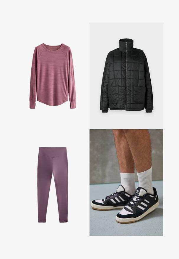 Črna oblazinjena jakna z visokim ovratnikom, sprednjim zadrgo, dvema velikima žepoma in prešito zasnovo. Ima rebraste manšete in ovratnik za dodatno toploto.; Majica s dolgimi rokavi v zmerni roza barvi, narejena iz teksturirane tkanine z zaobljenim robom in raglan rokavi. Ima lahko, zračno material.; Ljubičaste atletske legice z visokim pasom, narejene iz gladkega, raztegljivega materiala. Imajo zožen dizajn nog in brez vidnih šivov.; Črno-bele superge z zgornjim delom iz usnja in nubuka, ki imajo tri bele črte, perforiran vrh prstov in podplat iz gume.