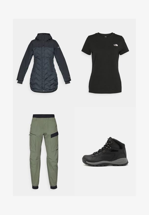 Hosszú, sötét tengerészkék szigetelt télikabát kapucnival, állítható húzózsinórokkal, oldalsó zsebekkel és cipzárral, amelyet patent gombok takarnak.; Fekete pamut póló, klasszikus nyakkivágással és rövid ujjakkal. Figyelemre méltó fehér logó a bal felső oldalon. Sima textúra, laza fazon.; Világos olajzöld cargo nadrág, fekete elasztikus derékpánttal, két nagy oldalsó zsebbel és sima, vízálló anyaggal.; Fekete túracipő közepes magasságú kialakítással, texturált felsőrésszel, szürke részletekkel és strapabíró gumitalppal, amelynek tapadós kiemelkedései vannak.