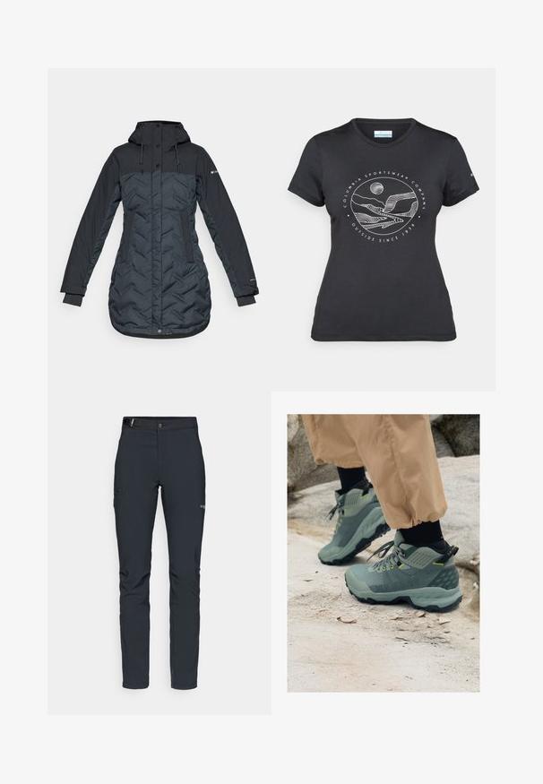 Casaco de inverno isolado, longo, em azul marinho escuro, com capuz, cordões ajustáveis, bolsos laterais e fecho frontal com zíper coberto por botões de pressão.; T-shirt preto da Columbia com arte em linha branca circular representando montanhas e rios, e o texto "Columbia Sportswear Company Outside Since 1938."; Calças de exterior para homens, cinza escuro, feitas de material flexível, com cinto, bolsos com fecho éclair e costuras reforçadas.; Sapatilhas de exterior Mammut em verde suave com parte superior texturizada, detalhes em amarelo e sola robusta preta. Design durável para atividades ao ar livre.
