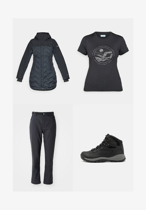 Manteau d'hiver long, bleu marine foncé, isolé, avec capuche, cordons de serrage réglables, poches latérales et fermeture éclair recouverte de boutons-pression.; T-shirt noir Columbia avec un dessin linéaire blanc de montagne et de rivière en cercle et le texte "Columbia Sportswear Company À l'extérieur depuis 1938."; Columbia LEADER CREST™ PANT - Pantalons outdoor - black; Botte de randonnée noire au design mi-haut, avec un dessus texturé, des accents gris et une semelle en caoutchouc durable avec des crampons de traction.