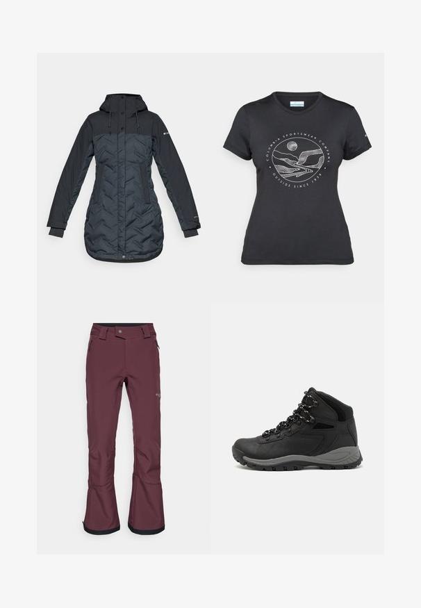 Lang, mørk marineblå isolert vinterjakke med hette, justerbare snoretrekk, sidelommer og glidelås foran dekket av trykknapper.; Svart Columbia t-skjorte med hvit sirkulær fjell- og elvlinjekunst og tekst "Columbia Sportswear Company Outside Since 1938."; Burgunderfargede skibukser laget av slitesterkt stoff. Har en glidelåslomme, beltehemper og utsvingte ermer med svart kant nederst.; Sorte turstøvler med mid-topp design, som har en teksturert overdel, grå detaljer og slitesterk gummisåle med godt grep.