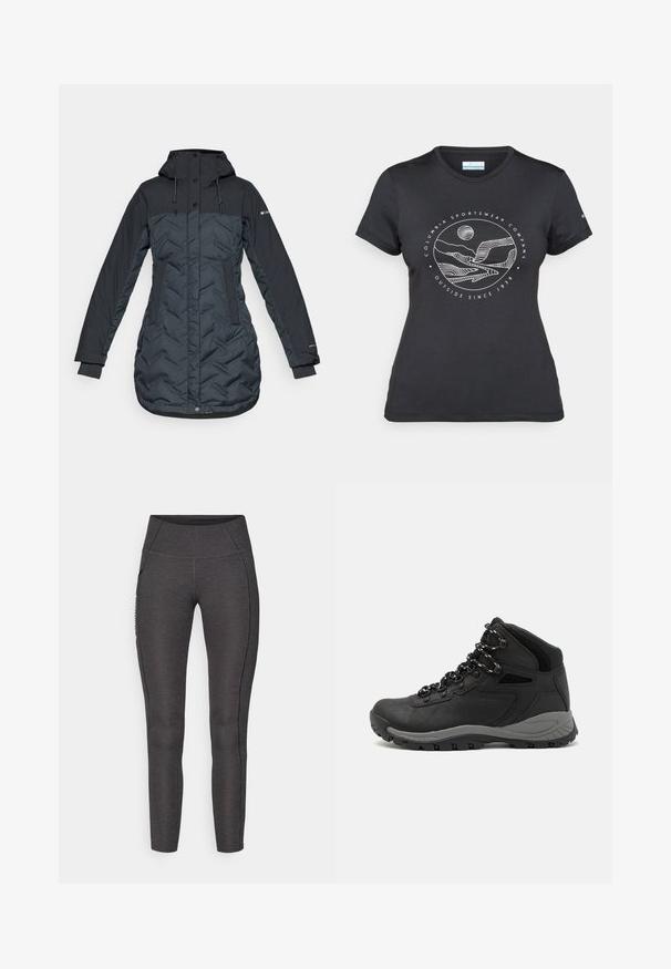 Langer, dunkelmarineblauer, isolierter Wintermantel mit Kapuze, verstellbaren Kordeln, Seitentaschen und durch einen Reißverschluss verdecktem Druckknopfverschluss.; Schwarzes Columbia-T-Shirt mit weißer kreisförmiger Berg- und Fluss-Linienkunst und dem Text "Columbia Sportswear Company - Draußen seit 1938."; Hochtaillierte Leggings in Dunkelgrau, aus strukturiertem Gewebe hergestellt. Sie verfügen über ein eng anliegendes Design und Seitentaschen für Stauraum.; Schwarzer Wanderstiefel mit einem mittelhohen Design, ausgestattet mit einer strukturierten Oberfläche, grauen Akzenten und einer robusten Gummisohle mit Profilstollen.