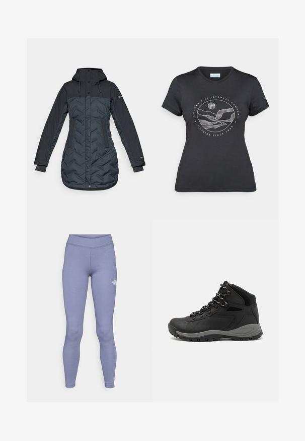 Long, dark navy blue insulated winter coat with hood, adjustable drawstrings, side pockets, and zip front covered by snap buttons.; Black Columbia t-shirt with white circular mountain and river line art and text "Columbia Sportswear Company Outside Since 1938."; Blue athletic leggings made of soft, stretchy fabric. Features a high waistband and a small white logo on the left thigh.; Black hiking boot with a mid-top design, featuring a textured upper, gray accents, and durable rubber sole with traction lugs.
