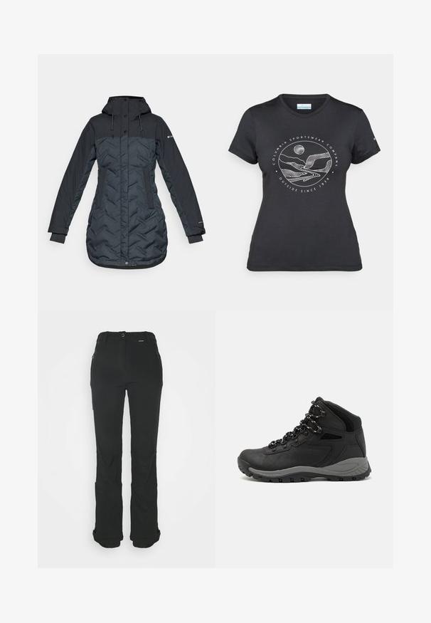 Long, dark navy blue insulated winter coat with hood, adjustable drawstrings, side pockets, and zip front covered by snap buttons.; Black Columbia t-shirt with white circular mountain and river line art and text "Columbia Sportswear Company Outside Since 1938."; Black pants made of stretchy fabric, featuring a slim fit, flat waistband, zip pockets, and elastic cuffs at the ankles.; Black hiking boot with a mid-top design, featuring a textured upper, gray accents, and durable rubber sole with traction lugs.