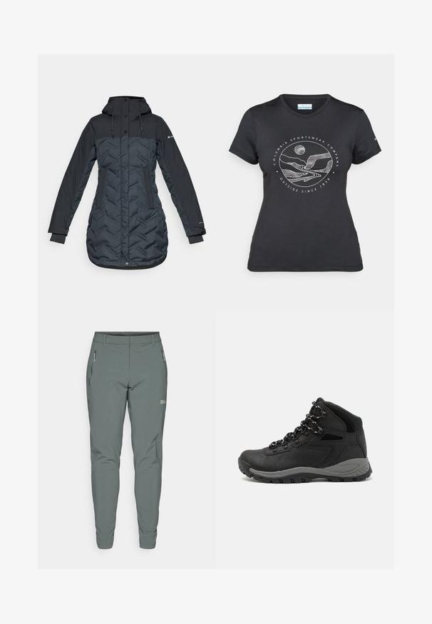 Długi, ciemnoniebieski, ocieplany płaszcz zimowy z kapturem, regulowanymi sznurkami, bocznymi kieszeniami i zamkiem błyskawicznym zasłoniętym zatrzaskami.; Czarny t-shirt Columbia z białą okrągłą grafiką gór i rzeki oraz napisem "Columbia Sportswear Company Outside Since 1938."; Szare spodnie outdoorowe wykonane z lekkiego, trwałego materiału. Posiadają zamykane na zamek kieszenie boczne oraz slim fit z tapered nogawkami.; Czarne buty trekkingowe z średnim cholewem, z teksturowaną cholewą, szarymi akcentami oraz trwałą gumową podeszwą z wypustkami zapewniającymi przyczepność.