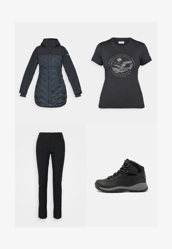 Długi, ciemnoniebieski, ocieplany płaszcz zimowy z kapturem, regulowanymi sznurkami, bocznymi kieszeniami i zamkiem błyskawicznym zasłoniętym zatrzaskami.; Czarny t-shirt Columbia z białą okrągłą grafiką gór i rzeki oraz napisem "Columbia Sportswear Company Outside Since 1938."; Czarne, elastyczne, wodoodporne spodnie o slim fit. Posiadają dwie boczne kieszenie na zamek i wzmocnione strefy na kolanach. Gładka tekstura.; Czarne buty trekkingowe z średnim cholewem, z teksturowaną cholewą, szarymi akcentami oraz trwałą gumową podeszwą z wypustkami zapewniającymi przyczepność.