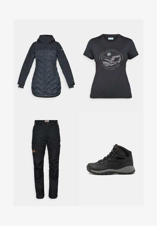 Hosszú, sötét tengerészkék szigetelt télikabát kapucnival, állítható húzózsinórokkal, oldalsó zsebekkel és cipzárral, amelyet patent gombok takarnak.; Fekete Columbia póló fehér, kör alakú hegy és folyó vonalrajzzal, valamint a "Columbia Sportswear Company Outside Since 1938" felirattal.; Fekete cargo nadrág, amely több zsebbel, gombos záródással és enyhén szűkített lábformával rendelkezik. Tartós anyagból készült, texturált felülettel.; Fekete túracipő közepes magasságú kialakítással, texturált felsőrésszel, szürke részletekkel és strapabíró gumitalppal, amelynek tapadós kiemelkedései vannak.