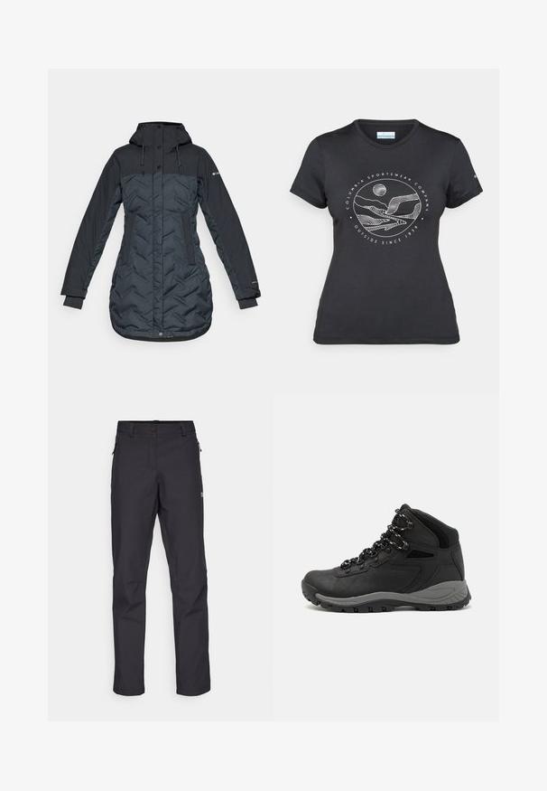 Casaco de inverno isolado, longo, em azul marinho escuro, com capuz, cordões ajustáveis, bolsos laterais e fecho frontal com zíper coberto por botões de pressão.; T-shirt preto da Columbia com arte em linha branca circular representando montanhas e rios, e o texto "Columbia Sportswear Company Outside Since 1938."; Calças pretas de exterior com um design de perna reta, feitas de um tecido durável, apresentando bolsos laterais com fecho de zipper e um fecho de botão na cintura.; Bota de caminhada preta com design de cano médio, apresentando um upper texturizado, detalhes cinzentos e sola de borracha durável com cravos de tração.