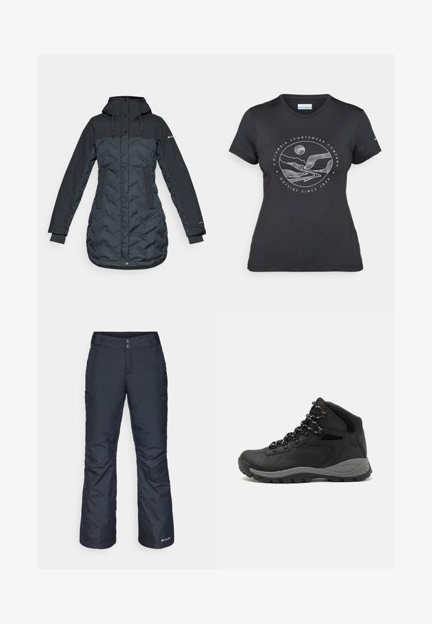 Palton de iarnă căptușit, lung, de culoare albastru închis cu glugă, cu șnururi ajustabile, buzunare laterale și fermoar față acoperit cu nasturi snapon.; Tricou negru Columbia cu artă liniară albă circulară reprezentând munți și un râu, împreună cu textul "Columbia Sportswear Company Afară din 1938."; Pantaloni de schi izolați, bleumarin, cu un design drept. Au fermoar și închidere cu capse, buzunare și manșete întărite.; Botă de drumeție neagră cu un design mediu, având un material texturat, accente gri și o talpă din cauciuc durabilă cu crampoane pentru aderență.