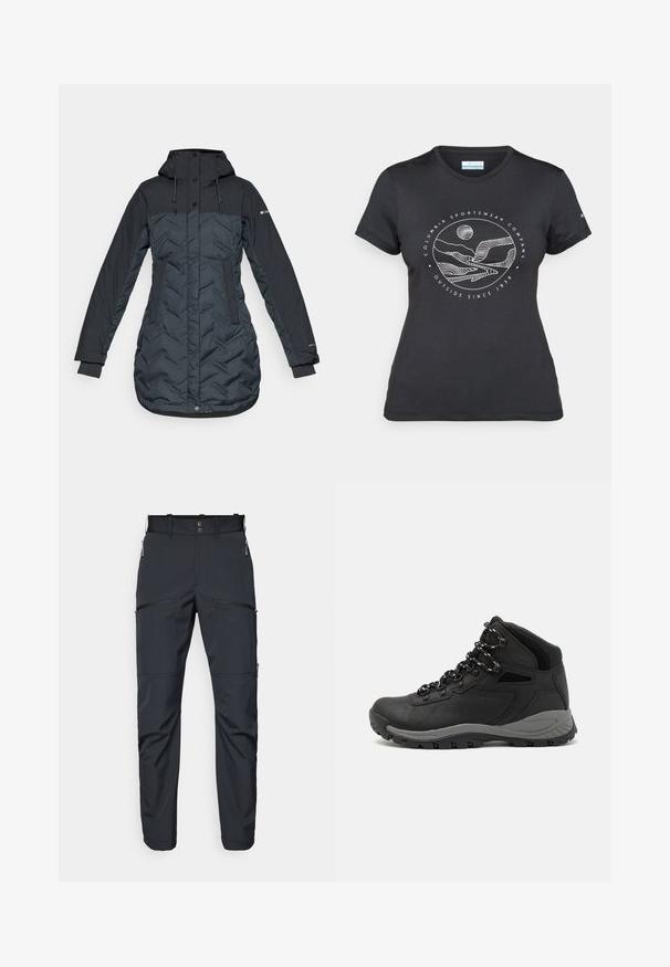 Long, dark navy blue insulated winter coat with hood, adjustable drawstrings, side pockets, and zip front covered by snap buttons.; Black Columbia t-shirt with white circular mountain and river line art and text "Columbia Sportswear Company Outside Since 1938."; Dark gray trousers made from a lightweight, smooth fabric. Features include zippered pockets and flat front design with belt loops.; Black hiking boot with a mid-top design, featuring a textured upper, gray accents, and durable rubber sole with traction lugs.