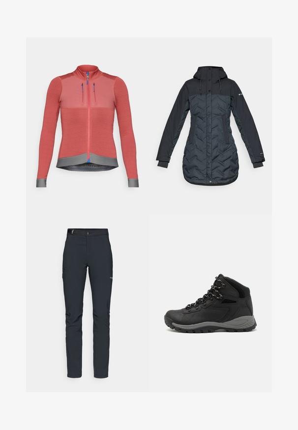 Lang, mørk marineblå isolert vinterjakke med hette, justerbare snoretrekk, sidelommer og glidelås foran dekket av trykknapper.; Raspberry-farget sykkeldress med lange ermer, teksturert stoff, full front glidelås, grå kant, blå glidelåsdrager og reflekterende detaljer.; Herre utendørsbukser, mørkegrå, laget av fleksibelt materiale, med belte, glidelåslommer og forsterkede sømmer.; Sorte turstøvler med mid-topp design, som har en teksturert overdel, grå detaljer og slitesterk gummisåle med godt grep.