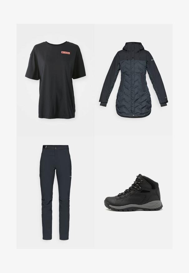 Lange, donker marineblauwe geïsoleerde winterjas met capuchon, verstelbare trekkoorden, zijzakken en een ritssluiting die bedekt is met drukknoopjes.; Zwarte katoenen T-shirt met korte mouwen, relaxte pasvorm en een rood rechthoekig logo op de linkerborst. Mooie textuur en eenvoudig ontwerp.; Heren buitenbroeken, donkergrijs, gemaakt van flexibel materiaal, met een riem, ritszakken en verstevigde stiksels.; Zwarte wandelschoen met een mid-top ontwerp, voorzien van een gestructureerde bovenkant, grijze accenten en een duurzame rubberen zool met gripnoppen.