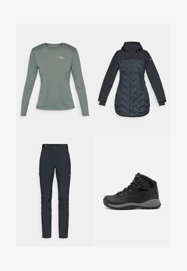 Lång, mörk marinblå isolerad vinterjacka med huva, justerbara dragsnören, sidofickor och dragkedja som är täckt av tryckknappar.; Långärmad t-shirt i dämpad grön, tillverkad av lätt, texturerad tyg. Har rundad halsringning och liten logo på vänster bröst.; Herrernas utomhusbyxor, mörkgrå, tillverkade av flexibelt material, med ett bälte, zip-fickor och förstärkt sömnad.; Svart vandringskänga med mellanhög design, som har en texturerad överdel, grå accenter och en slitstark gummisula med greppklackar.