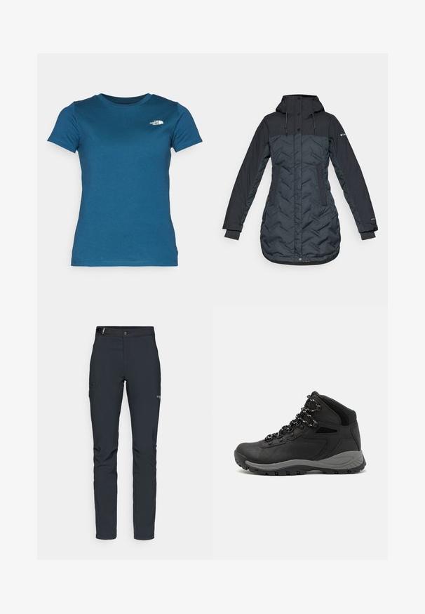 Pitkä, tumma tummansininen eristetty talvitakki hupulla, säädettävillä naruilla, sivutaskuilla ja vetoketjulla, joka on peitetty napituspainikkeilla.; The North Face W SS SD SLIM TEE - T-paita - midnight petrol; Miestne vonkajšie nohavice, tmavo šedé, vyrobené z flexibilného materiálu, s opaskom, zipsovými vreckami a zosilneným šitím.; Musta vaelluskenkä, jossa on puolivartinen muotoilu, jolle on ominaista teksturoitu päällinen, harmaat yksityiskohdat ja kestävä kumipohja, jossa on pitoita lisääviä lukuja.