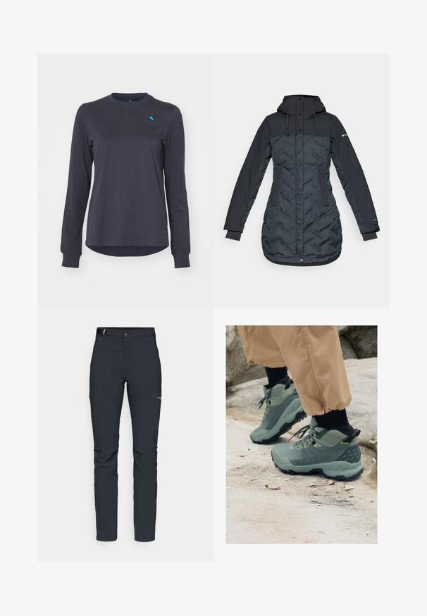 Lang, mørk marineblå isoleret vinterjakke med hætte, justerbare snoretræk, sidelommer og lynlåsfront dækket af trykknapper.; Langærmet mørkegrå skjorte i blødt stof, med rund hals, ribbede manchetter og en lille blå logoaccents på brystet.; Herrers udendørsbukser, mørkegrå, lavet af fleksibelt materiale, med bælte, lynlåslommer og forstærkede syninger.; Mammut udendørssko i dæmpet grøn med tekstureret overdel, gule accenter og robust sort sål. Holdbart design til udendørsaktiviteter.