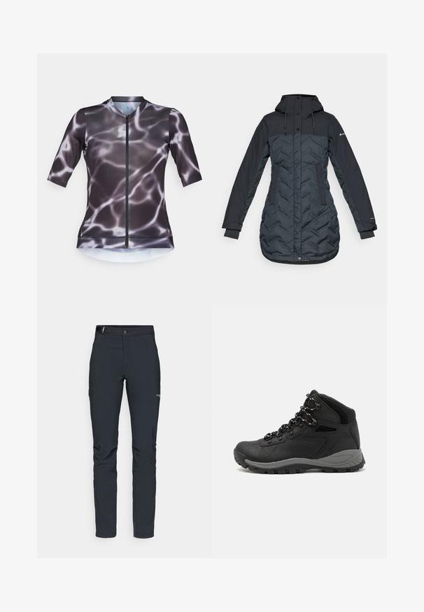 Pitkä, tumma tummansininen eristetty talvitakki hupulla, säädettävillä naruilla, sivutaskuilla ja vetoketjulla, joka on peitetty napituspainikkeilla.; Lyhythihainen pyöräilypaitaa, jossa on vetskari, ja musta-harmaa vesikuvio. Valmistettu joustavasta, kevyestä kankaasta.; Miestne vonkajšie nohavice, tmavo šedé, vyrobené z flexibilného materiálu, s opaskom, zipsovými vreckami a zosilneným šitím.; Musta vaelluskenkä, jossa on puolivartinen muotoilu, jolle on ominaista teksturoitu päällinen, harmaat yksityiskohdat ja kestävä kumipohja, jossa on pitoita lisääviä lukuja.