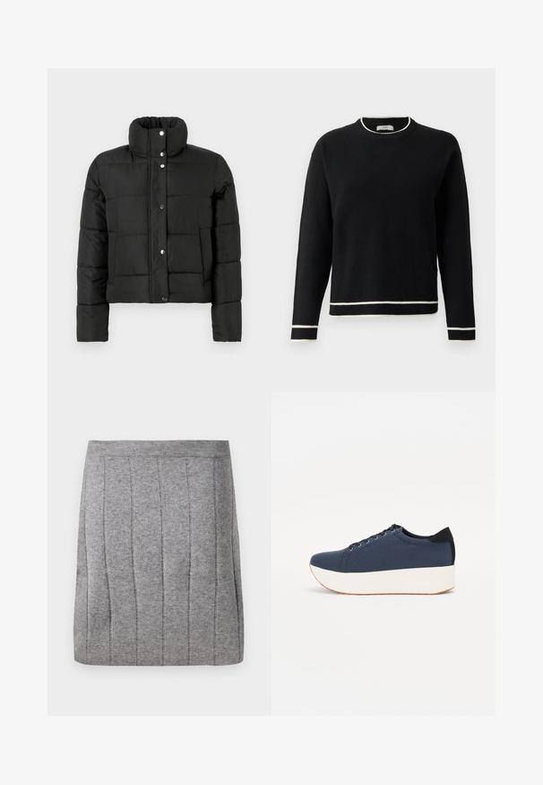 Melna pūkainā jaka ar augstu apkakli, garām piedurknēm, priekšējiem sprādzēm un divām sānu kabatām uz vienkārša gaiša fona.; Melnas garas piedurknes kreklu džemperis ar baltu apdari apkaklē, aprocēs un apakšmalā, izvietots uz vienkārša baltā fona.; Object OBJTHESS - Minisvārki - medium grey; Navy zilo apavi ar strukturētu auduma augšdaļu, baltu platformas zoli, noapaļotu pirkstu daļu un melnu papēža akcentu. Iekļautas sešas acs caurumi šnuķēšanai.