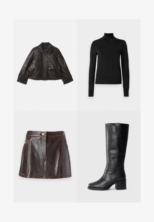 Black leather jacket with a collared neckline, front button closure, two large front pockets, and a cropped silhouette. Smooth texture.; Black long-sleeve turtleneck sweater with ribbed cuffs and hem, displayed on a plain white background.; Brown leather mini skirt featuring a sleek design, two zippered side pockets, and contrasting stitching along the edges.; Black leather knee-high boots with a smooth texture, square toe, block heel, and side pull tab, featuring minimal stitching details.