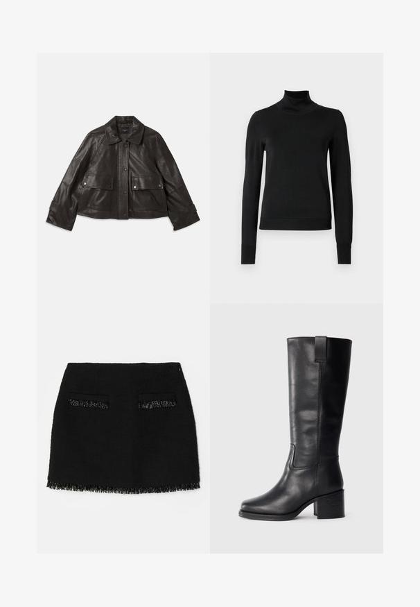 Zwarte leren jacket met een kraag, sluiting met knopen aan de voorkant, twee grote zakken aan de voorkant en een cropped silhouet. Glad textuur.; Zwarte trui met lange mouwen en col, voorzien van geribde manchetten en zoom, weergegeven op een effen witte achtergrond.; Zwarte rok met een gemêleerde stof, twee voorzakken en een franjes onderrand. De algehele uitstraling is een aansluitend A-lijn ontwerp.; Zwarte leren kniehoge laarzen met een gladde textuur, vierkante neus, blokhak en zijhandvat, met minimale stikseldetails.