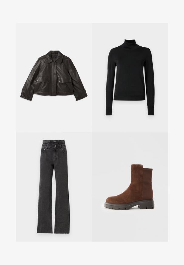 Čierna kožená bunda s golierom, predným zapínaním na gombíky, dvoma veľkými prednými vreckami a skráteným strihom. Hladká textura.; Čierny dlhý rukáv rolák s rebrovanými manžetami a lemom, zobrazený na čistej bielej pozadí.; Čierne nohavice s vysokým pásom majú rovný strih, jemné opotrebovanie a kovové gombíky na páse.; Hnedé semišové členkové topánky s elastickými bočnými panelmi, zaoblenou špičkou a hrubou gumovou podrážkou so štruktúrovaným vzorom.