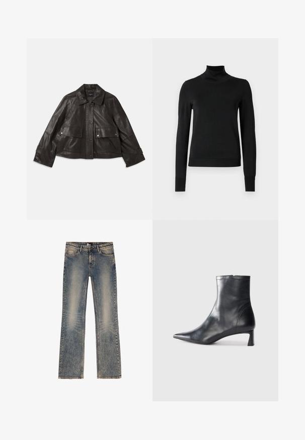 Mustapakkakoinen nahkatakki, jossa on kauluksellinen kaula-aukko, etupainokkvien kiinnitys, kaksi suurta etutaskua ja lyhyt siluetti. Sileä pinta.; Musta pitkähihaisen pooloneuleen, jossa on ribbikuvioiset hihansuut ja helma, esitetty yksinkertaisella valkoisella taustalla.; Vaaleansiniset farkut, joissa on kulutettu pinta, viisi taskua ja suora lahje. Ommeltu helma ja kevyet kulutustiedot.; Musta nahkainen nilkkabotti, jossa on teräväkärkinen muotoilu ja tyylikäs design. Varusteena matala korko ja takana vetoketjukiinnitys. Sileä pinta.