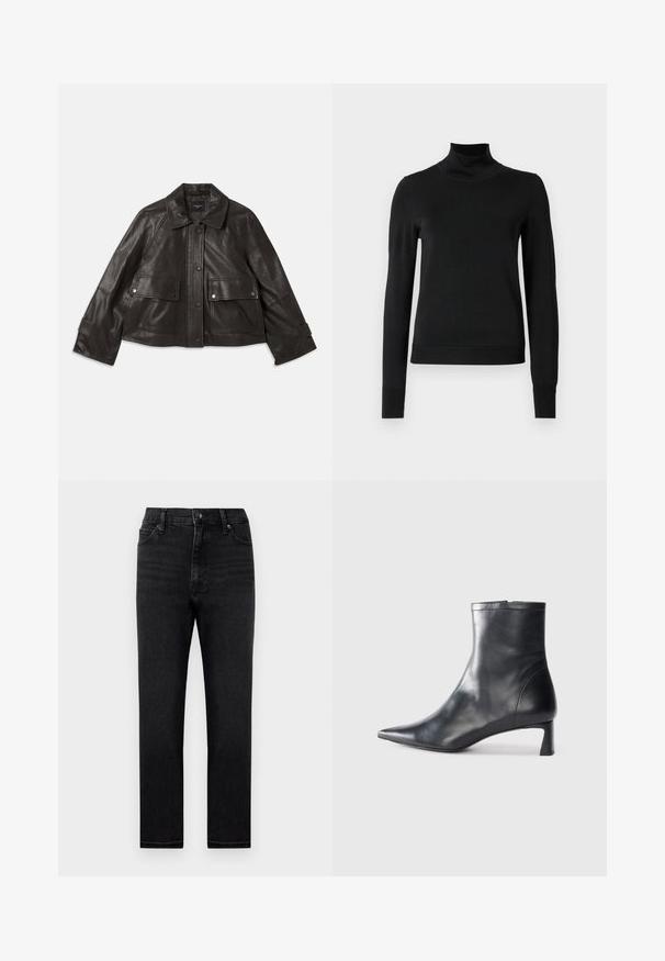 Zwarte leren jacket met een kraag, sluiting met knopen aan de voorkant, twee grote zakken aan de voorkant en een cropped silhouet. Glad textuur.; Zwarte trui met lange mouwen en col, voorzien van geribde manchetten en zoom, weergegeven op een effen witte achtergrond.; Zwarte denim jeans met een rechte snit, hoge taille en een klassiek vijf-pocket ontwerp. Met riemlussen en een ritsluiting.; Zwarte leren enkellaars met een spitse neus en een slank ontwerp. Heeft een lage hak en een ritssluiting aan de achterkant. Gladde textuur.