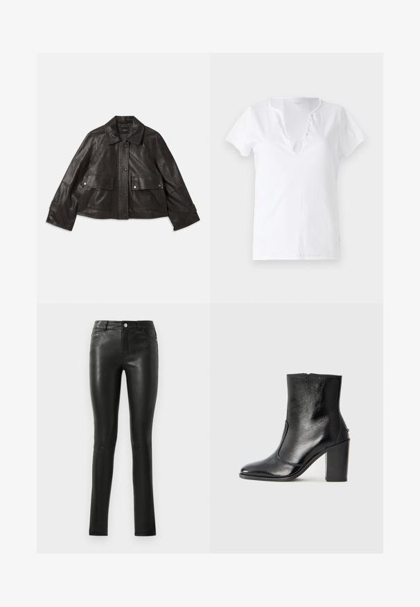 Must must nahkjakken, millel on krae, esif klõpsuga sulgemine, kaks suurt esikot ja lühendatud siluett. Sujuv tekstuur.; Valge puuvillane t-särk lühikeste varrukatega, vabalt langetatud lõikega ja V-kaelusega, millel on viis dekoratiivset nööpi.; Mustad nahkpüksid, millel on sobiv disain, sile tekstuur, keskmise kõrgusega vöökoht ja peened õmbluse detailid. Küljes on ees taskud ja metallist nupp.; Must kõvale nahast pahklipsu saapad, millel on sile tekstuur, terav varvas ja paks kõrge kann. Omab külgavatust ja minimalistlikku disaini.
