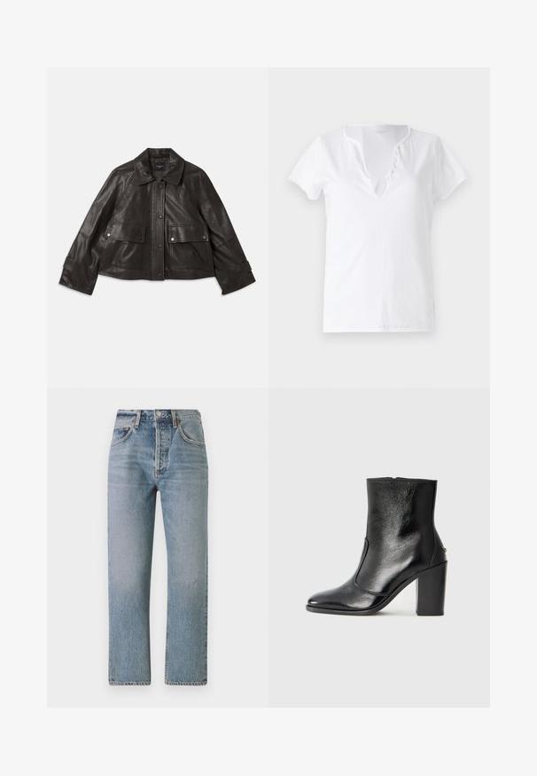 Melna ādas jaka ar apkakles kakla izgriezumu, priekšējo pogu aizdari, divām lielām priekšējām kabatām un īsu siluetu. Gluda tekstūra.; Balta kokvilnas T-kreklis ar īsām piedurknēm, brīvpiekļuve, un V-veida kakla izgriezums ar piecām dekoratīvām pogām.; Gai zila džinsu bikses ar taisnu piegriezumu, augstu jostasvietu un klasisku piecu kabatu dizainu. Iezīme ir viegla izbalēšana un rāvējslēdzēja aizdare.; Melnas ādas potīšu zābaki ar gludu tekstūru, smailu purngalu un masīlu augstu papēdi. Iekļauts sānu atvērums un minimālistisks dizains.