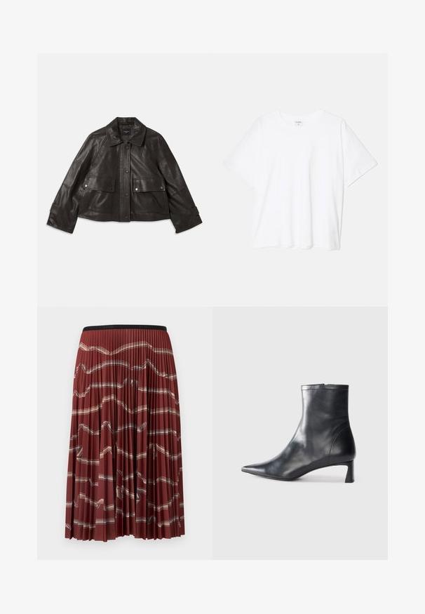 Veste en cuir noir avec un col, fermeture à boutons à l'avant, deux grandes poches avant et une silhouette courte. Texture lisse.; T-shirt en coton blanc avec des manches courtes, un col rond, une coupe décontractée et un ourlet cousu. Étiquette visible à l'intérieur du col.; Jupe midi plissée rouge foncé avec un motif tissé. Elle possède une ceinture élastique noire et des rayures contrastantes de couleur claire sur toute la surface.; Bottine en cuir noir avec un bout pointu et un design épuré. Présente un petit talon et une fermeture éclair à l'arrière. Texture lisse.