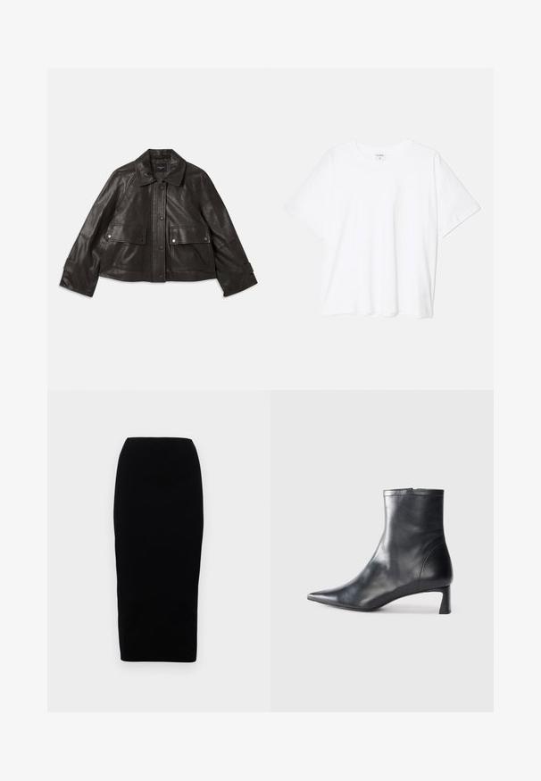 Jachetă din piele neagră cu guler, închidere frontală cu butoane, două buzunare mari în față și un croi scurt. Textură netedă.; Tricou alb din bumbac, cu mâneci scurte, guler rotund, croi lejer și tiv cusut. Eticheta este vizibilă pe interiorul gulerului.; Fustă tip creion neagră, ajustată pe corp, cu o textură netedă, talie înaltă și design până la genunchi. Fără modele vizibile sau detalii de feronerie.; Cizmă de gleznă din piele neagră cu vârf ascuțit și un design elegant. Dispune de un toc mic și de o închidere cu fermoar la spate. Textură netedă.