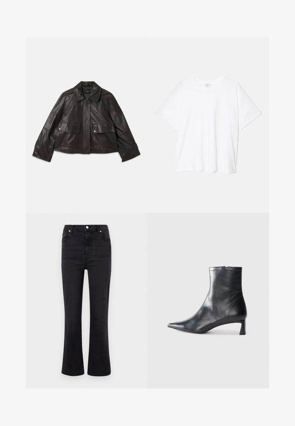 Black leather jacket with a collared neckline, front button closure, two large front pockets, and a cropped silhouette. Smooth texture.; White cotton t-shirt with short sleeves, round neckline, relaxed fit, and stitched hem. Label visible on the inside neck.; Black flared jeans with a high waist, made of denim. Features front pockets, a button closure, and a smooth texture.; Black leather ankle boot with a pointed toe and a sleek design. Features a low heel and a zipper closure at the back. Smooth texture.