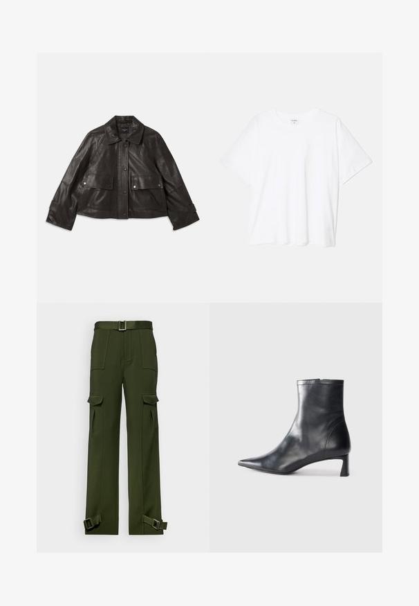 Jachetă din piele neagră cu guler, închidere frontală cu butoane, două buzunare mari în față și un croi scurt. Textură netedă.; Tricou alb din bumbac, cu mâneci scurte, guler rotund, croi lejer și tiv cusut. Eticheta este vizibilă pe interiorul gulerului.; Pantaloni cargo verzi confecționați dintr-un material durabil. Caracteristicile includ o talie cu curea, multiple buzunare mari și curele cu cataramă la glezne.; Cizmă de gleznă din piele neagră cu vârf ascuțit și un design elegant. Dispune de un toc mic și de o închidere cu fermoar la spate. Textură netedă.