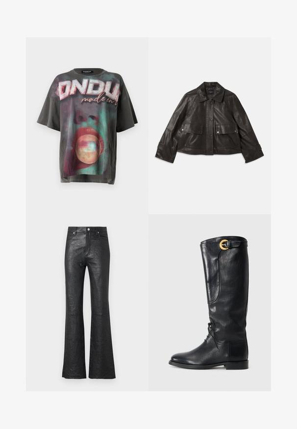 Czarna skórzana kurtka z kołnierzem, z przodu z zapięciem na guziki, dwoma dużymi kieszeniami z przodu oraz skróconym krojem. Gładka tekstura.; Przesadnie duża czarna koszulka z bawełny, z kolorową grafiką, na której szczycie widnieje słowo "ONDUP", a poniżej znajdują się abstrakcyjne wzory.; Czarne skórzane spodnie dzwonowe z marszczoną teksturą, wysoki stan, przednie kieszenie oraz klasyczne zapięcie na guzik z zamkiem błyskawicznym.; Czarne skórzane buty sięgające do kolan z okrągłym noskiem, sznurowanym przodem, bocznym detalem oraz złotym akcentem w postaci klamry na górze. Gładka faktura.