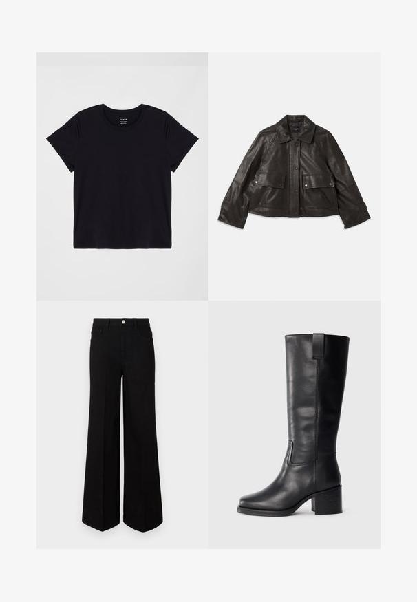 Black leather jacket with a collared neckline, front button closure, two large front pockets, and a cropped silhouette. Smooth texture.; Black short-sleeve t-shirt made of soft cotton. Classic round neck design with a simple, unembellished surface and a relaxed fit.; Black wide-leg jeans made of sturdy fabric, featuring a high waist, front pockets, and a front button closure. Flat hem at the bottom.; Black leather knee-high boots with a smooth texture, square toe, block heel, and side pull tab, featuring minimal stitching details.