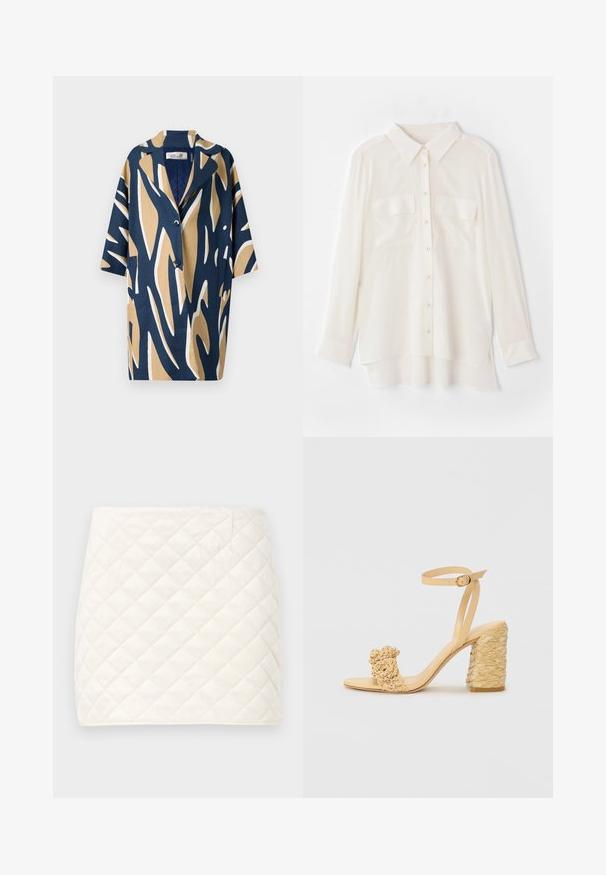 Chemise à manches courtes avec un motif abstrait audacieux en bleu marine, beige et blanc, offrant une coupe décontractée et un col décalé. Deux poches avant.; Chemise blanche à boutons en tissu léger. Présente un col classique, deux poches poitrine et un ourlet arrière légèrement plus long.; Jupe mini matelassée en tissu blanc doux, avec un motif en diamant et des lignes épurées, dotée d'une texture lisse et sans fermetures visibles.; Sandale à talons hauts beige avec une texture tressée, ornée d'une fleur décorative et d'une bride à la cheville. Le talon carré ajoute de la stabilité.