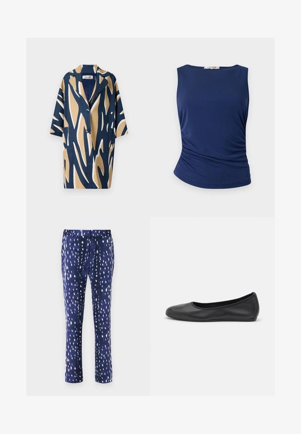 Košile s krátkým rukávem, která se vyznačuje odvážným abstraktním vzorem v námořnické modré, béžové a bílé barvě, s volným střihem a s výstřihem do V. Dvě přední kapsy.; Námořnická modrá bezrukávová blůza vyrobená z hladkého, elastického materiálu. Má nabírané detaily po stranách a zaoblený lem pro přiléhavý vzhled.; Kalhoty s námořnickým vzorem a hladkou texturou, se skvrnitým bílým designem a rovným střihem nohavic. Ideální pro neformální nebo poloforální nošení.; Černé kožené baletní byty s kulatou špičkou, hladkou texturou, minimálními švy a flexibilním designem podrážky.