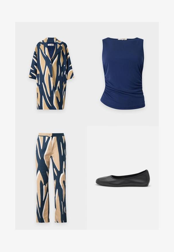 Short-sleeve shirt featuring a bold abstract pattern in navy, beige, and white, with a relaxed fit and a notched collar. Two front pockets.; Navy blue sleeveless top made of smooth, stretchy fabric. Features gathered side detailing and a rounded hem for a fitted look.; Wide-leg trousers in navy, beige, and white graphic pattern. Made from lightweight fabric with a smooth texture and tailored waist.; Black leather ballet flat with a rounded toe, smooth texture, minimal stitching detail, and a flexible sole design.