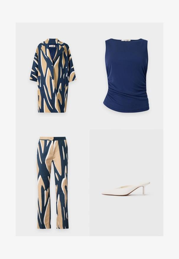 Camisa de manga corta con un audaz patrón abstracto en azul marino, beige y blanco, con un corte relajado y un collar con muesca. Dos bolsillos en la parte delantera.; Top sin mangas de color azul marino, hecho de una tela suave y elástica. Presenta detalles de fruncido en los laterales y un dobladillo redondeado para un ajuste ceñido.; Pantalones de pierna ancha en patrón gráfico en azul marino, beige y blanco. Fabricados en tejido ligero con una textura suave y cintura ajustada.; Mule blanco de punta afilada con un tacón bajo de stilettos. Hecho de material suave con un diseño minimalista y un sutil detalle en la suela color tostado.