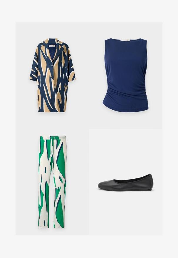 Rövidujjú ing merész absztrakt mintával sötétkék, bézs és fehér színekben, laza fazonnal és kivágott gallérral. Két elülső zseb.; Sötétkék ujjatlan felső sima, rugalmas anyagból. Oldalt ráncolt részletekkel és lekerekített aljjal rendelkezik, ami egyenes vonalú megjelenést kölcsönöz.; Fehér nadrág merész zöld és tengerészkék absztrakt mintával. Egyenes lábbal tervezve, gombos záródással.; Fekete bőr balettcipő lekerekített orral, sima tekstúrával, minimális varrással és rugalmas talp kialakítással.