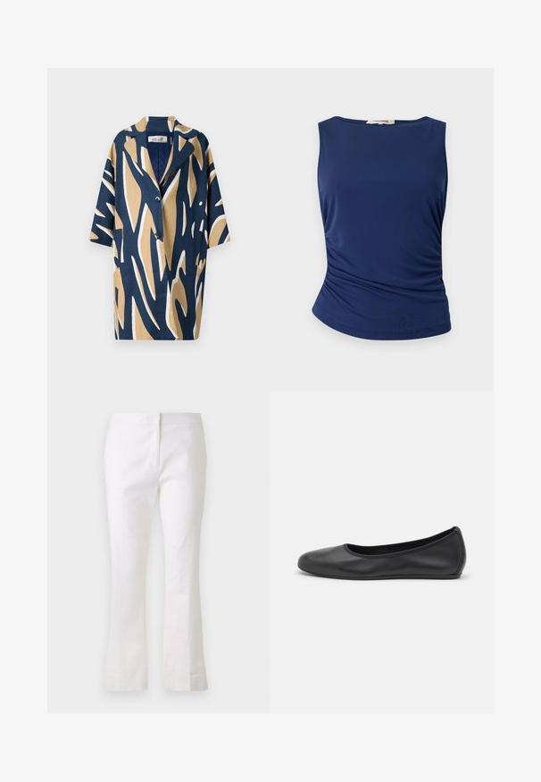 Īsām piedurknēm krekls ar izteiksmīgu abstraktu rakstu tumši zilā, bēšā un baltā krāsā, ar brīvu piegriezumu un iegrieztu apkakli. Divas priekšējās kabatas.; Navy zils bez piedurknēm, izgatavots no gludas, elastīgas auduma. Iekļauta savākta sānu detaļa un noapaļots apakšmalas dizains, lai nodrošinātu pieguļošu izskatu.; Baltas plāts bikses, kas izgatavotas no viegla auduma. Iezīmēta ar taisnu priekšpusi, kas aizveras ar rāvējslēdzēju, un gludu tekstūru. Vienkāršs un tīrs dizains.; Melna ādas baleta kurpe ar noapaļotu purngalu, gludu tekstūru, minimālu šuvju detalizāciju un elastīgu zoles dizainu.