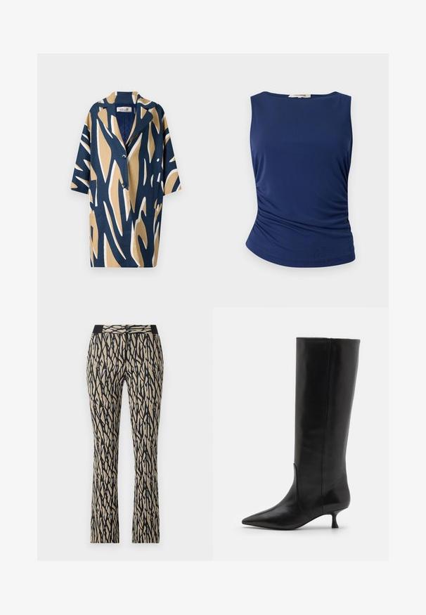 Lühikeste varrukatega pluus, millel on julge abstraktne muster tumesinisel, beežil ja valgel taustal, lõdva lõikega ning nurgelise kraega. Kaks eesmist taskut.; Tumedat sinise värvi ilma varrukateta topp, mis on valmistatud sujuvast ja venivast kangast. Omab kogutud külje detaile ja ümarat äärt, mis lisab klanitud välimuse.; Mustra mustriga mustriga püksid musta ja beeži värviga, sobiva vöökoha ja abstraktse triibumustriga, valmistatud pehmest ja elastsemast kangast.; Stuart Weitzman BOOT - Saapad - black