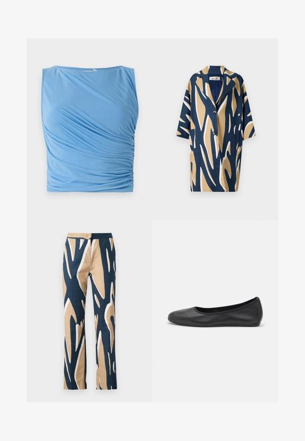 Kortärmad skjorta med ett djärvt abstrakt mönster i marinblått, beige och vitt, med en avslappnad passform och ett notch-krage. Två framfickor.; Blå ärmlös topp i mjukt tyg med draperad rynkning på ena sidan, rund halsringning och slät textur.; Vidbenade byxor i marinblått, beige och vitt grafiskt mönster. Tillverkade av lätt material med en mjuk textur och skräddarsydd midja.; Svart läderballerinaskor med rund tå, slät yta, minimala söm detaljer och en flexibel sula.