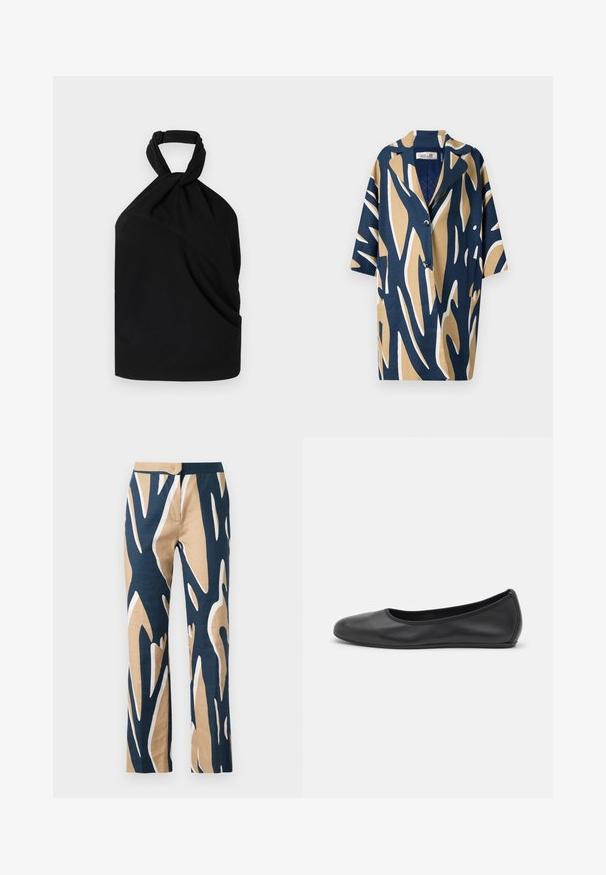 Rövidujjú ing merész absztrakt mintával sötétkék, bézs és fehér színekben, laza fazonnal és kivágott gallérral. Két elülső zseb.; Iro BIRDA - Blúz - black; Tág szabású nadrág tengerészkék, bézs és fehér grafikus mintával. Könnyű anyagból készült, sima tapintású, és méretre szabott derékrésszel.; Fekete bőr balettcipő lekerekített orral, sima tekstúrával, minimális varrással és rugalmas talp kialakítással.
